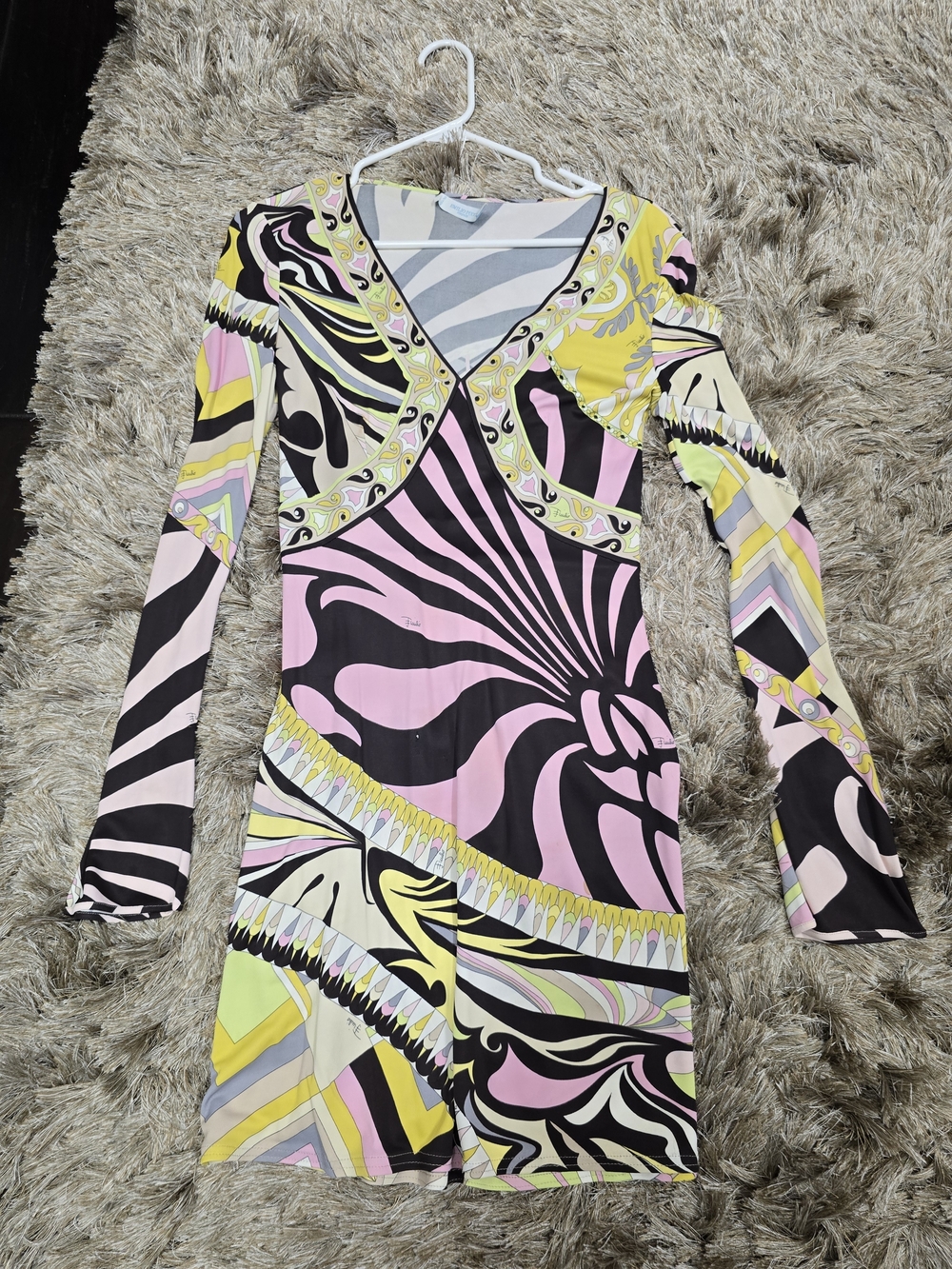 Emilio Pucci Pink, Yellow & Black Long-Sleeve V-Neck Mini Dress